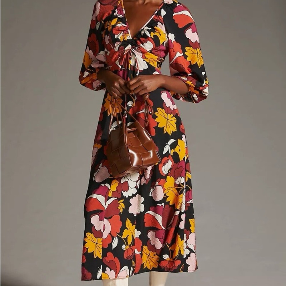 Maeve Anthropologie Deep V Floral Midi Dress in Black